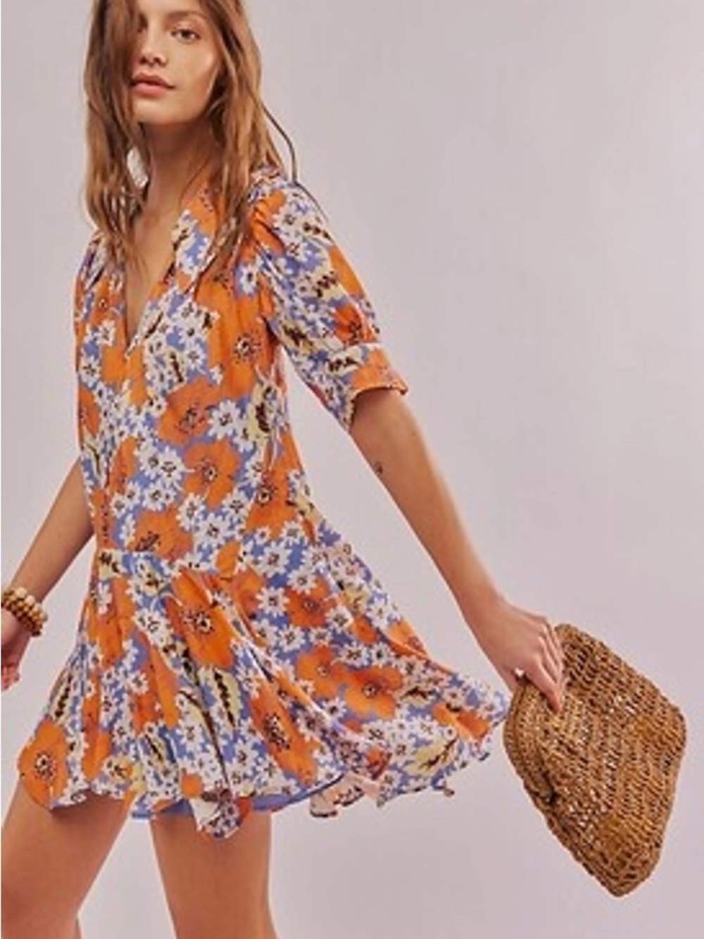 New Free People Sugar Crush floral print babydoll V-Neck Mini Dress size xs